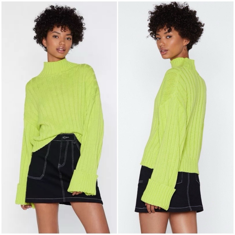 ☘️Pastel Lime Green High Mock Neckline Rib Knit Pullover Sweater Top